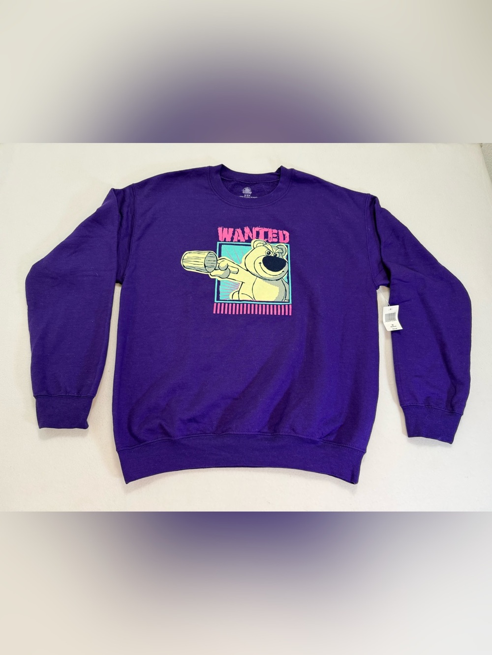 Disney Lotso Wanted Graphic Purple Crewneck Sweatshirt Size Medium NWT